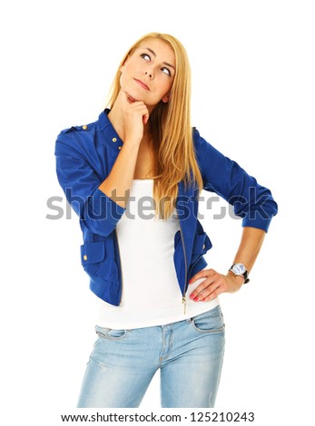 A picture of a young pretty woman thinking about something over white background