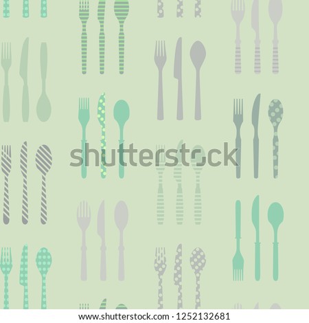 Seamless pattern of a fork, knife and spoon with polka dots and stripes. Easy to edit colors in Illustrator (vector eps 10).
