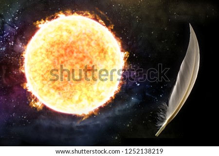 Greek myth of Icarus who flew too close to the sun with feathers falling from sky Royalty-Free Stock Photo #1252138219