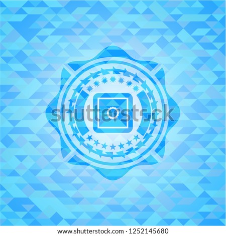 bank safe icon inside light blue emblem with mosaic ecological style background