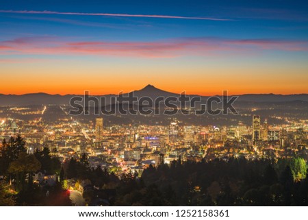 This is a photograph of Portland downtown and Mt Hood at dawn.