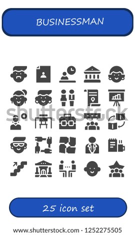 Vector icons pack of 25 filled businessman icons. Simple modern icons about  - Avatar, User, Employee, Bank, Partners, Agreement, Presentation, Add user, Desk, Case, Teamwork