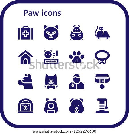 Vector icons pack of 16 filled paw icons. Simple modern icons about  - Veterinary, Cat, Hamster, Mouse toy, Dog house, Meow, Pawprints, Collar, Dog, Veterinarian, Pet, Scratcher