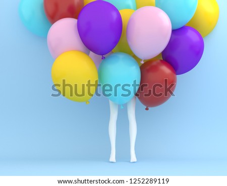 Creative layout made of colorful balloon with white legs woman on pastel blue color background. minimal idea concept.