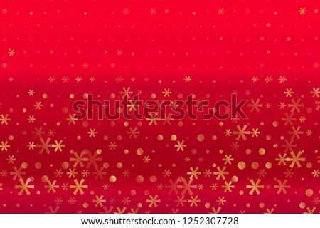 Winter pattern with Golden stars and snowflakes on red blurred background. Scalable vector graphic