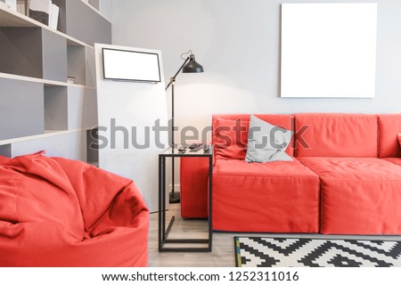Interior of the room in light colors. Mockup in colors of the year 2019 living coral