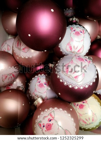 2019. Christmas balls with pictures in the basket. Balls to decorate the tree. Design. Background. New year