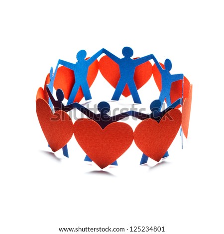 Group of red valentine hearts and people connected in chain, paper craft.