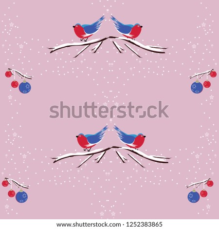 Seamless pattern of bullfinch on a branch, blue and white snowflakes, Christmas holiday print background, 