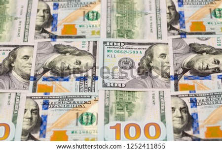 One hundred dollars. Money US dollars banknotes, a lot of different money. Bitcoin exchange for dollar inflation. Worldwide cryptocurrency and digital payment system. Availability