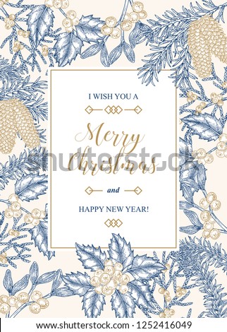 Hand drawn Christmas card with winter plants. Spruse, holly, mistletoe, juniper and cones vector illustration. Botanical design elements.