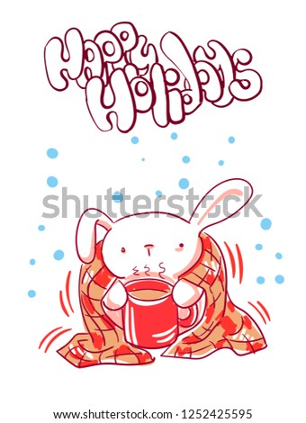 tea bunny plaid christmas card doodle style
