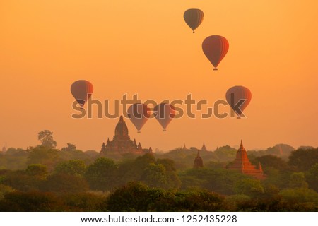 hot air balloon during Sunrise above temples and pagodas of Bagan Myanmar, Sunrise Pagan Myanmar temple and pagoda