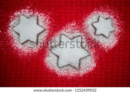 Christmas decorative wallpaper, Christmas cookies, Christmas decorations, chestnut, powdered sugar, new year, red wallpaper, with message space