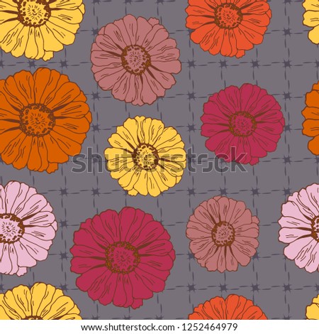 Seamless pattern with flowers zinnia for textile, bedlinen, pillow, undergarment, wallpaper.