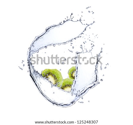 Kiwis in water splash, isolated on white background