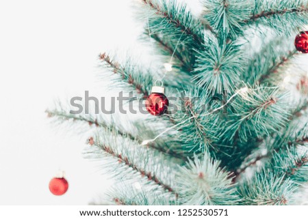 Pastel vintage cute minimal close up of red Christmas balls hanging on the green fir t of pine tree with warm light for decorate home for holiday season and copy space.