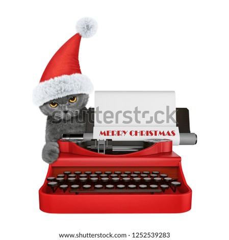 Cute santa cat is typing on a typewriter keyboard. Isolated on white background