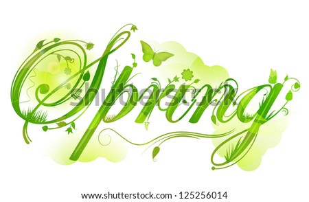 Ornate Spring Script Background with Leaves, Grasses and Butterflies