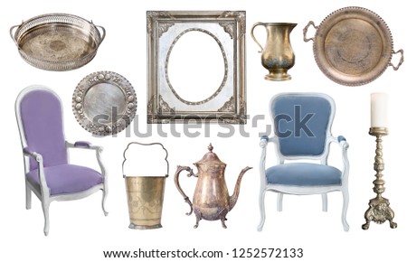 Set of vintage old items. Chairs, trays, candlestick, iinik, jug, ice bucket and picture frame. Isolated on white background.