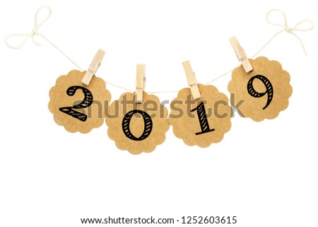 Paper craft tags garland hanging on the clothesline,vintage with hand writing and wooden clothespins.White isolation.Concept happy new year 2019,year of the Pig.