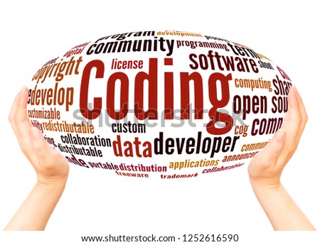 Coding word cloud hand sphere concept on white background.