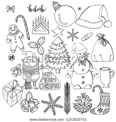 collection of christmas objects and characters isolated on white background