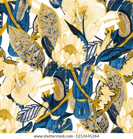 Summer exotic seamless pattern. Floral background with tropical leaves, flowers and birds. Hand drawn texture. Surface design.

