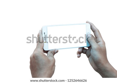 Photographing with smartphone in hand, Isolated on white background with clipping path.
