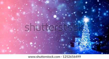 Christmas tree with glowing lights on a garland and a shining star  with falling snow. Christmas and New Year`s background in the natural color of the living coral - the color of the year 2019 