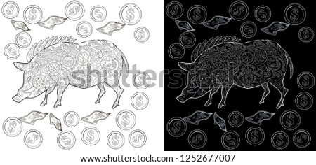 Coloring Pages. Coloring Book for children and adults. Cute Pig - 2019 Chinese New Year symbol. Antistress freehand sketch drawing with doodle and zentangle elements.