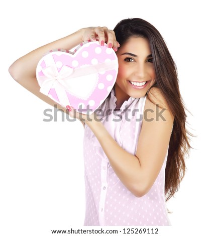 Image of pretty woman with pink present box isolated on white background, attractive female holding in hands gift heart-shaped, Valentine day, romantic holiday, love concept