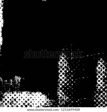 Abstract black and white vector background. Monochrome vintage surface with dirty pattern in cracks, spots, dots. Old painted wall in dark horror style design. Grunge overlay layer.