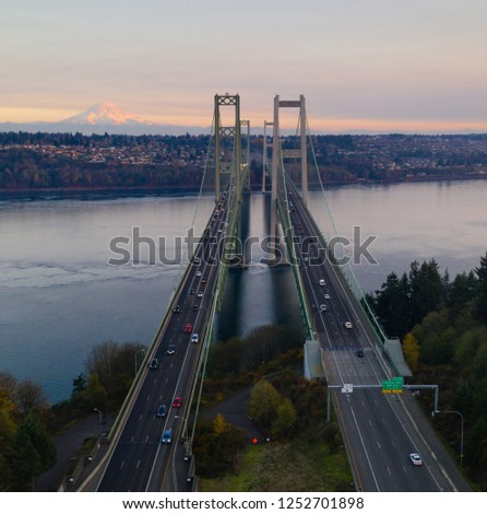 Traffic makes way across the bridge over Puget Sound in Washington State between Tacoma and Gig Harbor
