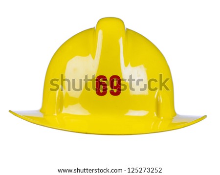 Close-up image of a shiny yellow fireman's helmet against the white background