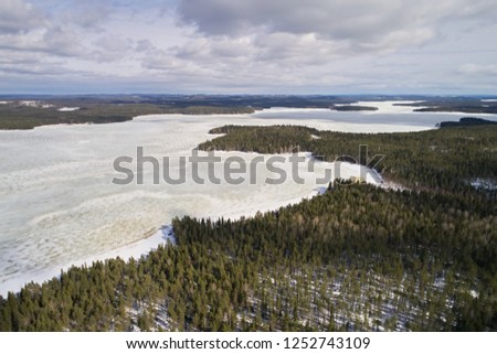 Aerial view of frozen lakes and forests stretching to the horizon in winter against a blue sky. Photo of the northern nature of Finland with a drone.
