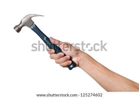 Men is holding a hammer isolated on white background