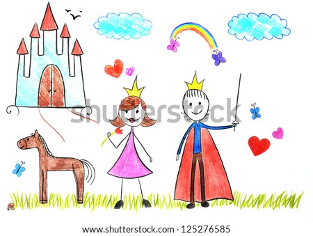 Kids drawing princess and prince picture on the wooden table