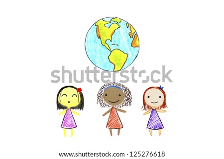 Children of different nationalities and Earth picture on the wooden table