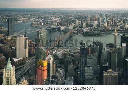 Aerial view of lower Manhattan ooking at the Brooklyn bridge, NYC USA
