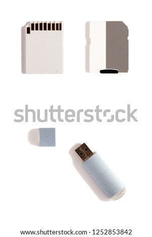 Usb flash card and SD flash card isolated on white background. collage
