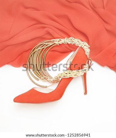 Panton color of the year 2019 - Living Coral. female stylish accessories fashion luxury outfit set: cloth shoes jewelry. Christmas Happy New Year Valentine's day Party conception gift. Flat lay, toned