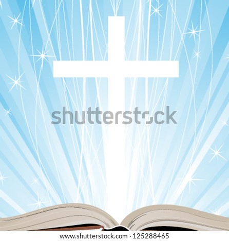 Open book and cross on a blue background