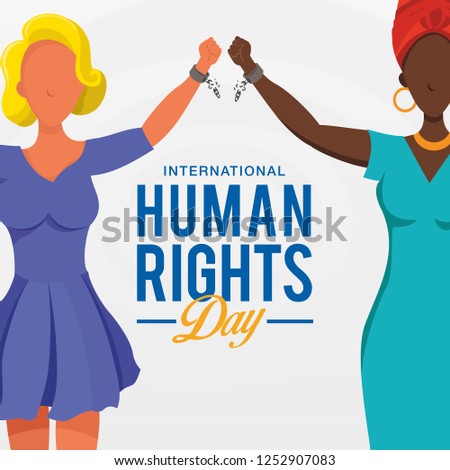 International human rights day background. peoples with different race raising hands and broken chains the symbol of freedom.
