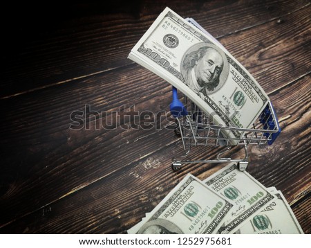 Close up Bitcoin with dollars on wooden floor, bitcoin, business payment, finance, make money,Gift set