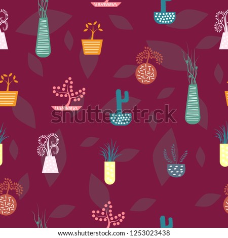 Seamless kawaii flower pot pattern on dark pink background, for paper print or ornament business. Vector design.