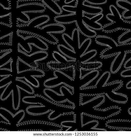 Abstract orgahic seamless pattern with contour branch of Christmas trees on black background. For New Year design, wallpaper, mockup, wrapping paper, page,fabrics, textile. Vector illustration