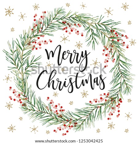 Merry Christmas wreath with quote, white background. Green pine twigs and red berries. Vector illustration. Nature design greeting card template. Winter holidays. Xmas day, gold snowflakes Royalty-Free Stock Photo #1253042425