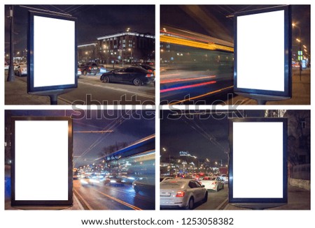 Set of blank white lightbox at night. Mock-up design. Car lights in motion blur