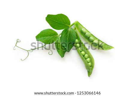 Isolated sweet green peas (beans) with green leaves. Top view. White background.  Royalty-Free Stock Photo #1253066146